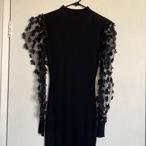 Black Knee Length Floral Puffy Sleeve Fitted Dress